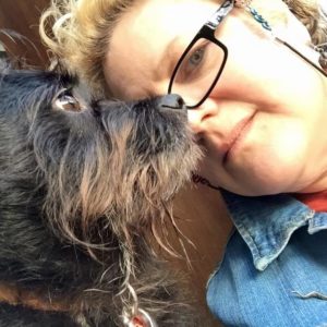 Photo of artist Ruth McCabe and her dog Jasper.